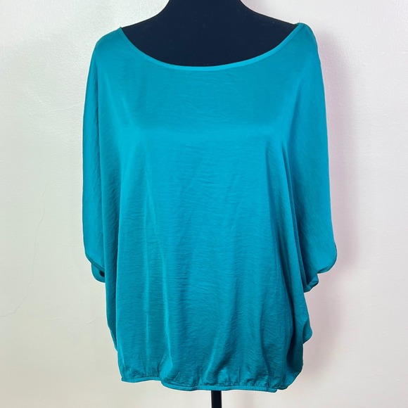 Iz Byer Tops - Iz Byer Blouse 2X Teal Blue Hammered Satin Split Dolman Sleeve Bubble Hem Top